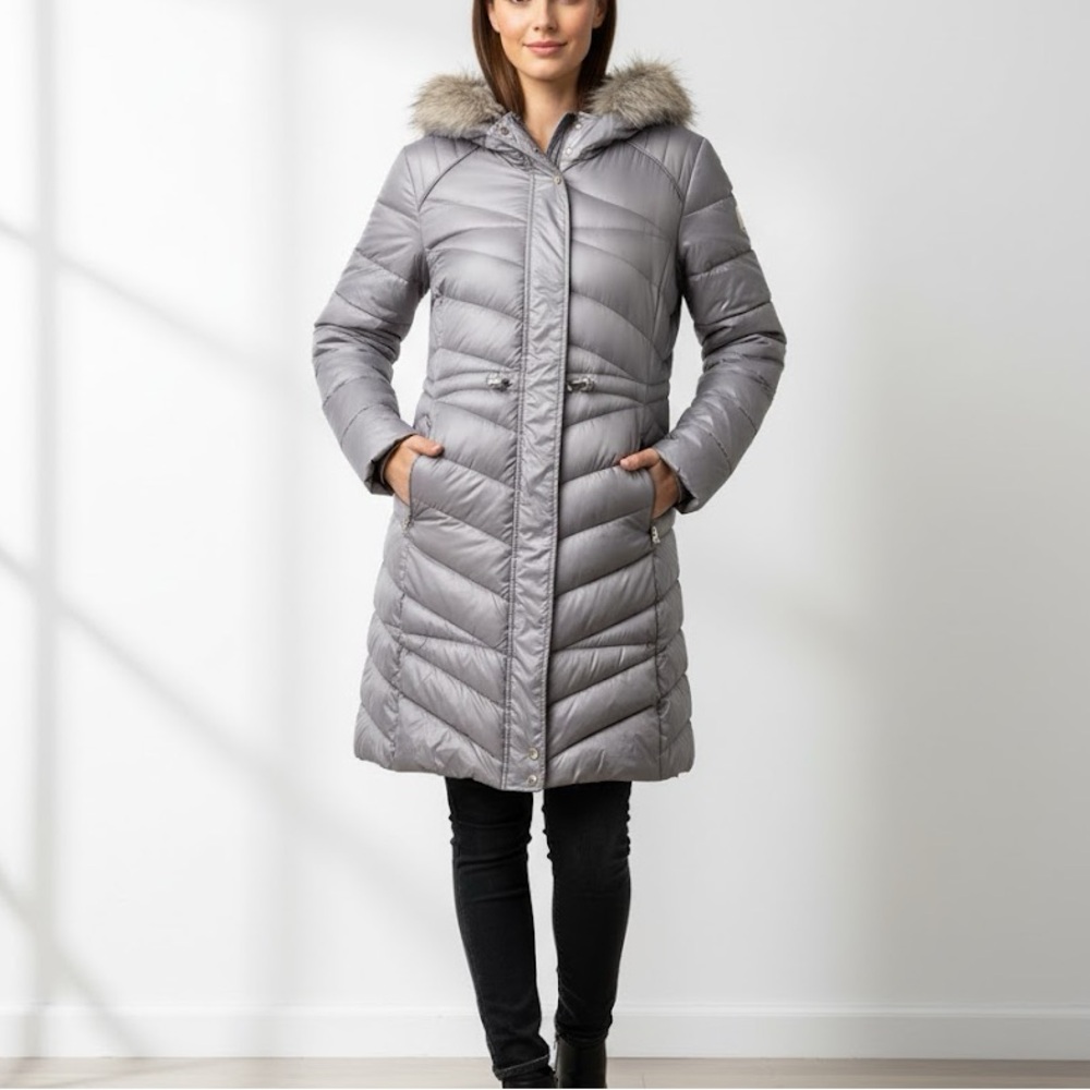 MARC NEW YORK Andrew Marc Quilted Puffer Coat Faux Fur Hood Metallic Grey XL
